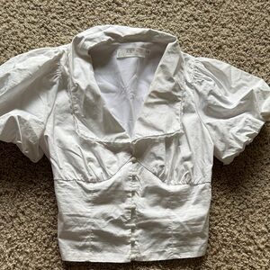 Astr White Puff Sleeve Cropped Blouse with Scalloped Collar